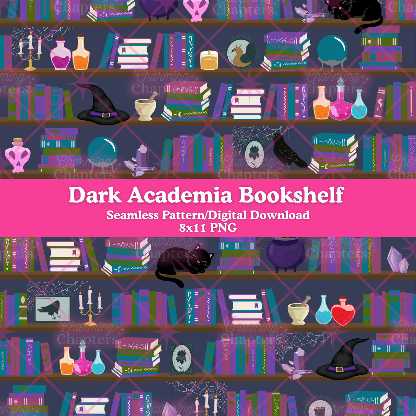 Dark Academia Bookshelf Seamless Pattern