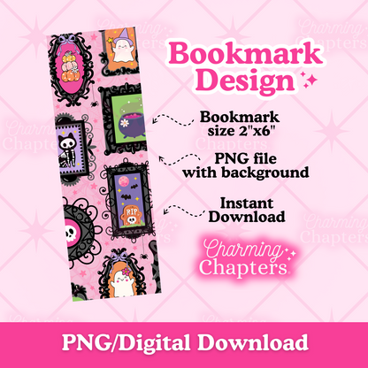 Bookmark design with Halloween picture frames on a pink background, featuring text about the product details.