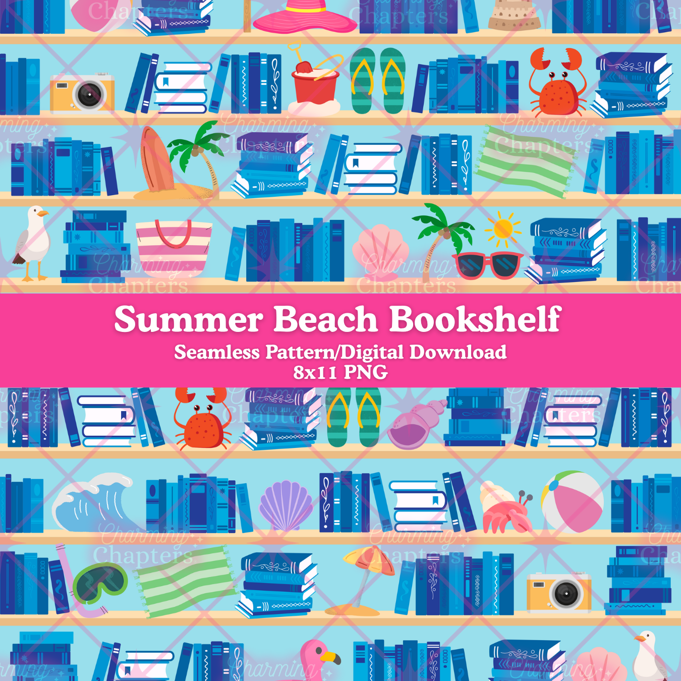 Summer Beach Bookshelf Seamless Pattern