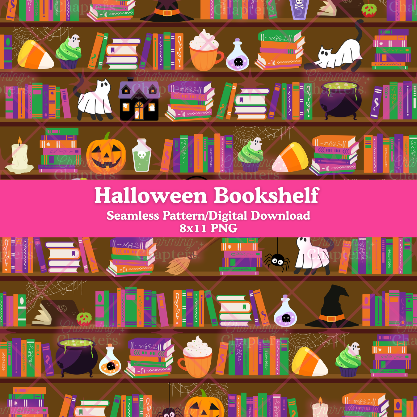 Halloween Bookshelf Seamless Pattern