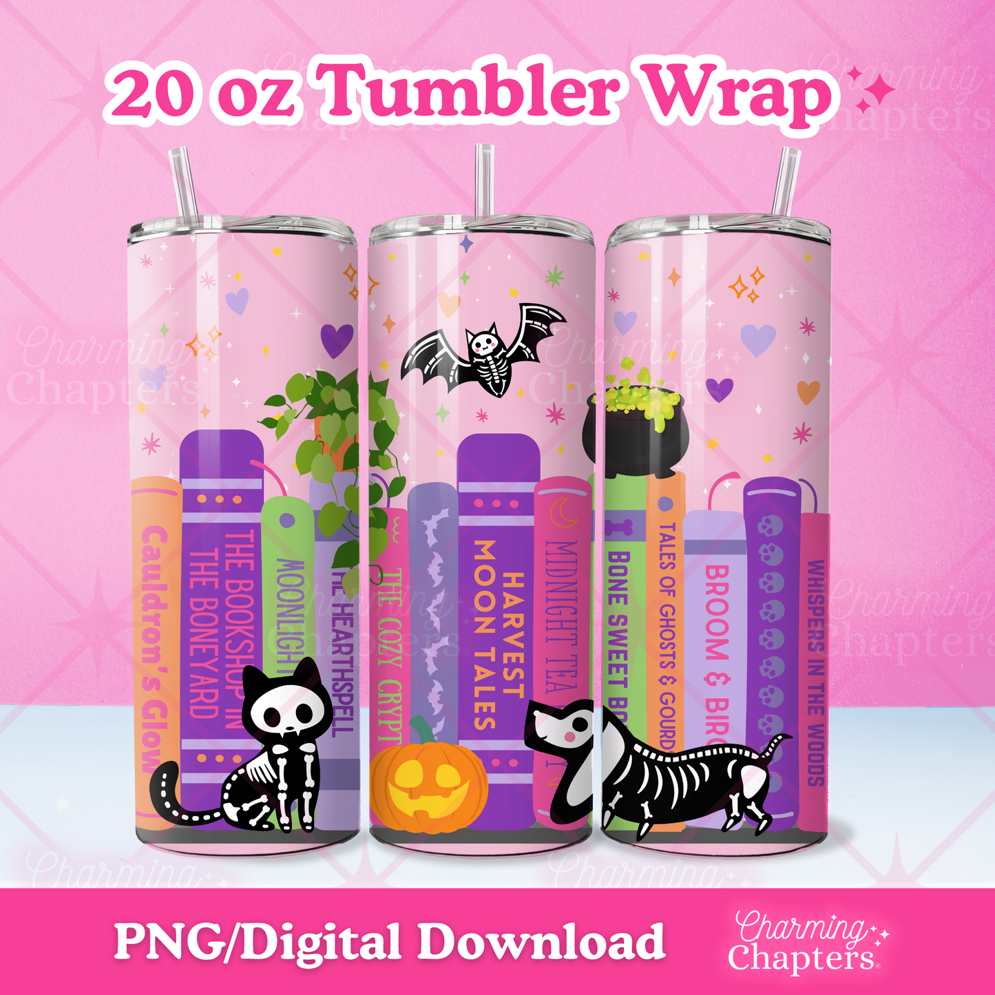 Graphic for a 20 oz tumbler wrap designs shown on 3 tumblers against a pink gradient background. The design features Halloween-themed graphics including cats, a bat, pumpkins, and colorful book spines with text.