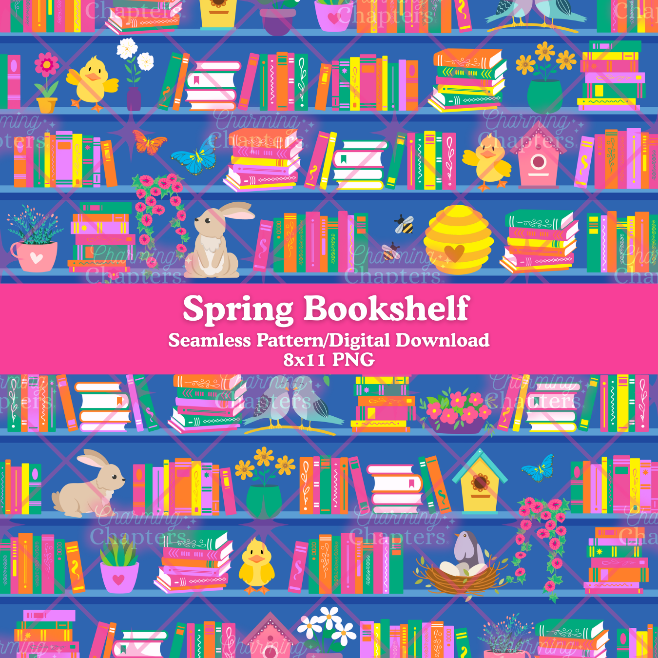 Spring Bookshelf Seamless Pattern