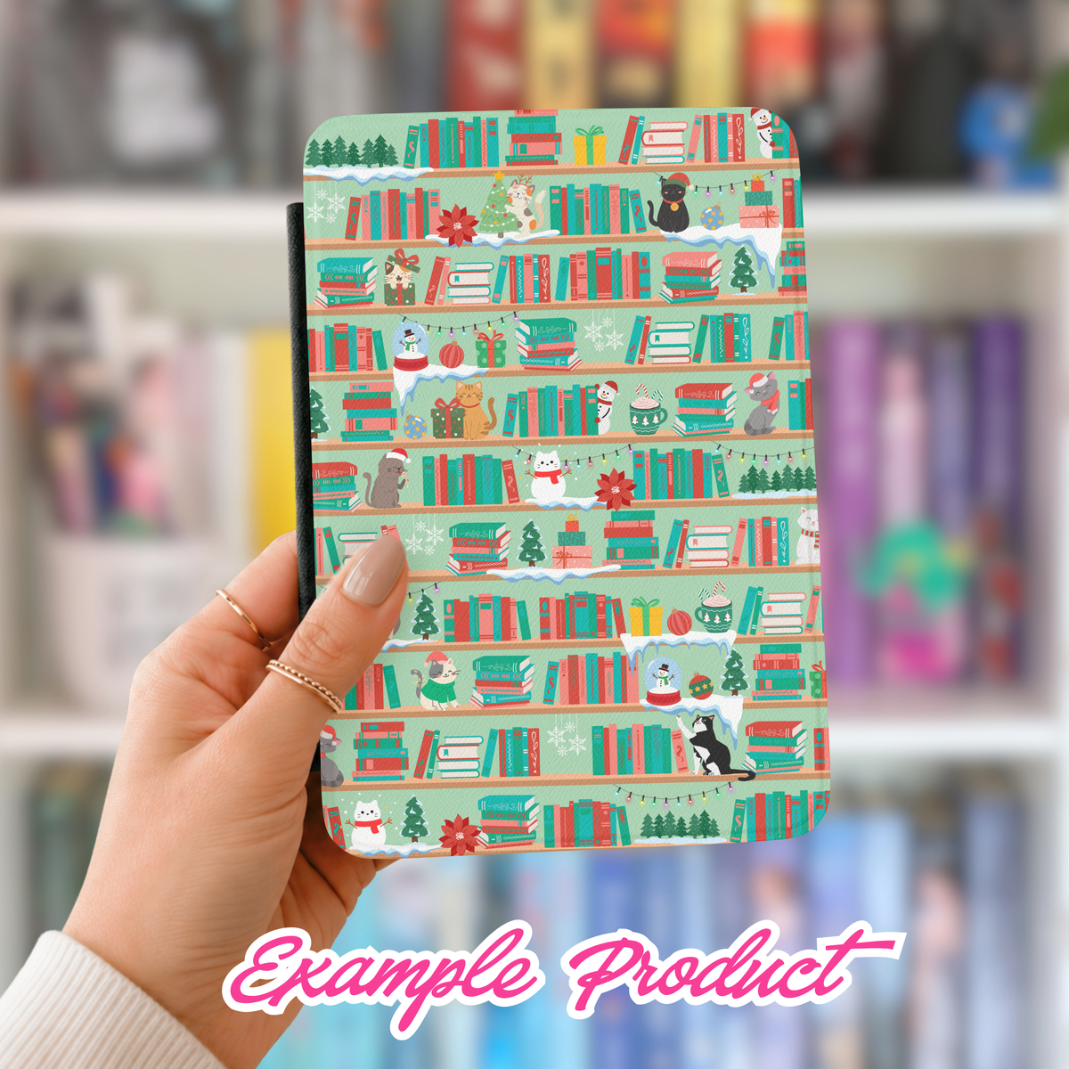 Christmas Cats Bookshelf Seamless Pattern