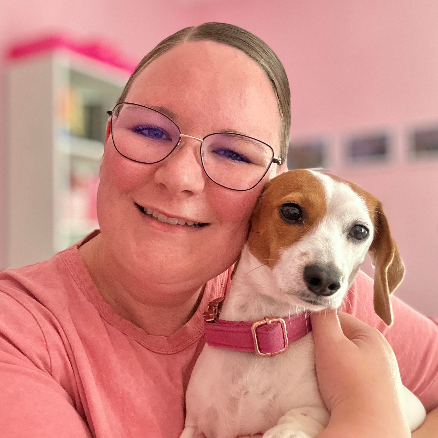 Person holding a small dog with a pink collar in a room with pink walls.