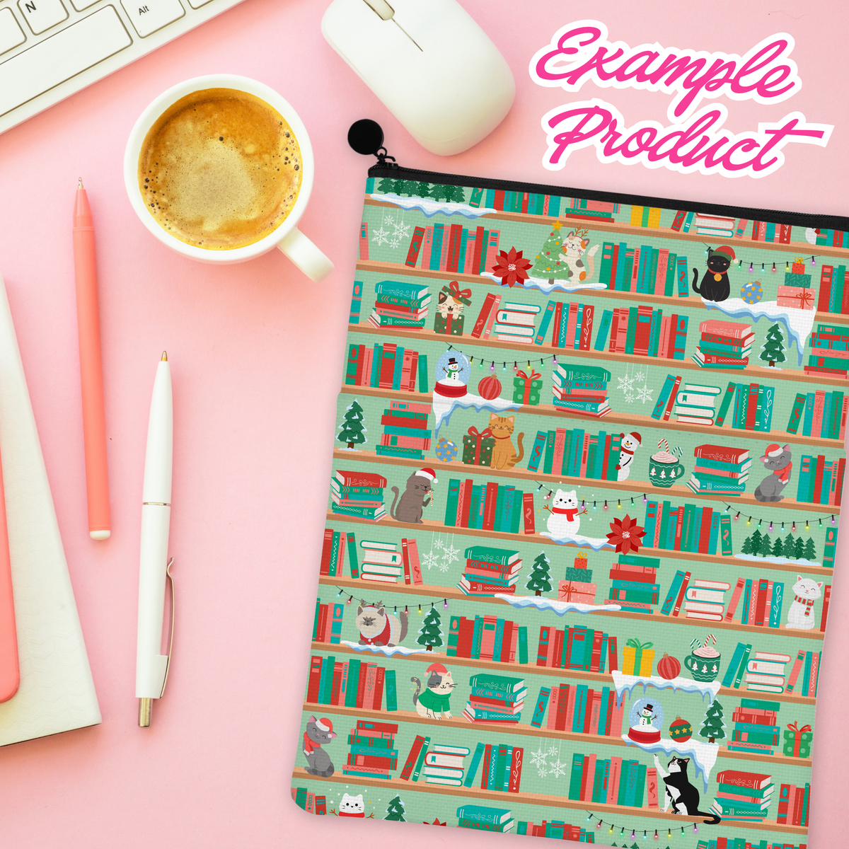 Christmas Cats Bookshelf Seamless Pattern