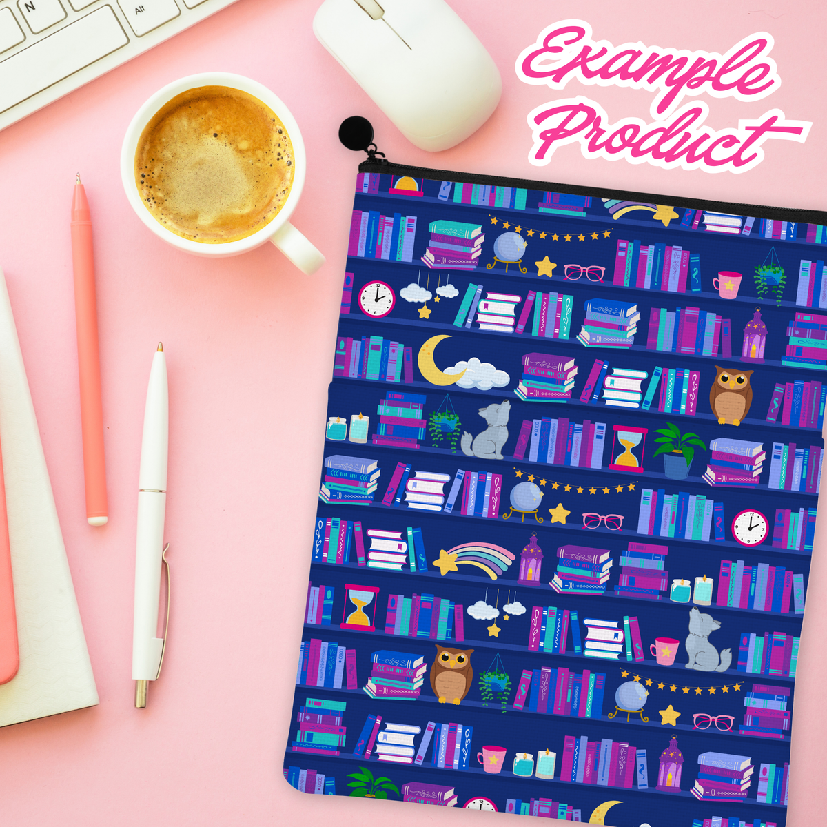 Late Night Reader Bookshelf Seamless Pattern