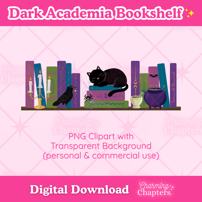 Digital clipart preview for a 'Dark Academia Bookshelf' design, featuring a black cat, books, a crow, and a cauldron on a pink background with text indicating it is a digital download from Charming Chapters.
