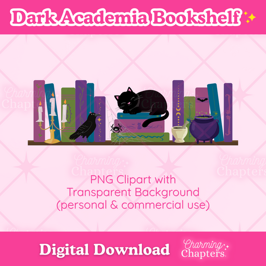 Digital clipart preview for a 'Dark Academia Bookshelf' design, featuring a black cat, books, a crow, and a cauldron on a pink background with text indicating it is a digital download from Charming Chapters.
