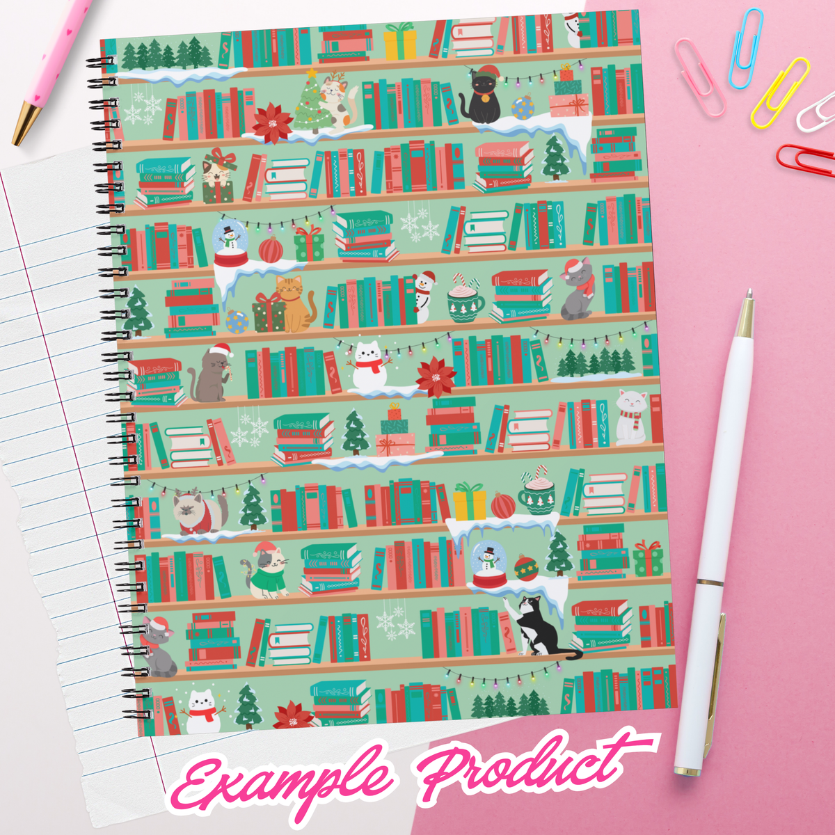Christmas Cats Bookshelf Seamless Pattern