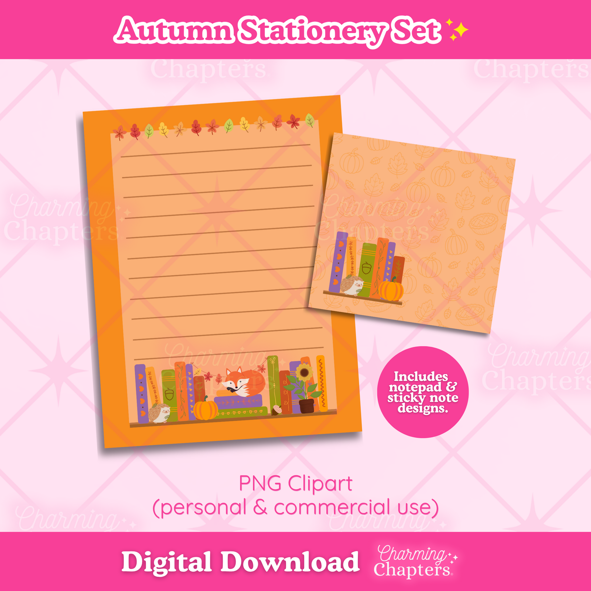 Digital preview of an autumn-themed stationery clipart set, featuring an orange lined notepad with an autumn bookshelf design, a matching sticky note design, and pink branding banners for 'Autumn Stationery Set' and 'Digital Download' from Charming Chapters.