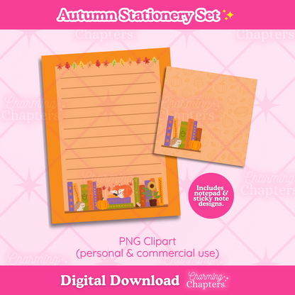 Digital preview of an autumn-themed stationery clipart set, featuring an orange lined notepad with an autumn bookshelf design, a matching sticky note design, and pink branding banners for 'Autumn Stationery Set' and 'Digital Download' from Charming Chapters.
