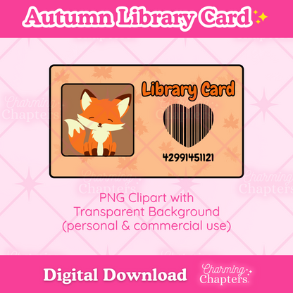 Digital clipart preview for n autumn library card design, featuring an orange fox on a pink background with text reading 'Autumn Library Card' and 'Digital Download'.