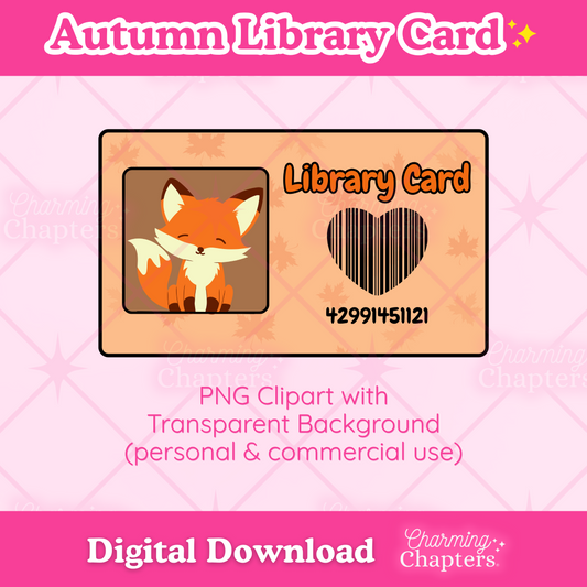 Digital clipart preview for n autumn library card design, featuring an orange fox on a pink background with text reading 'Autumn Library Card' and 'Digital Download'.