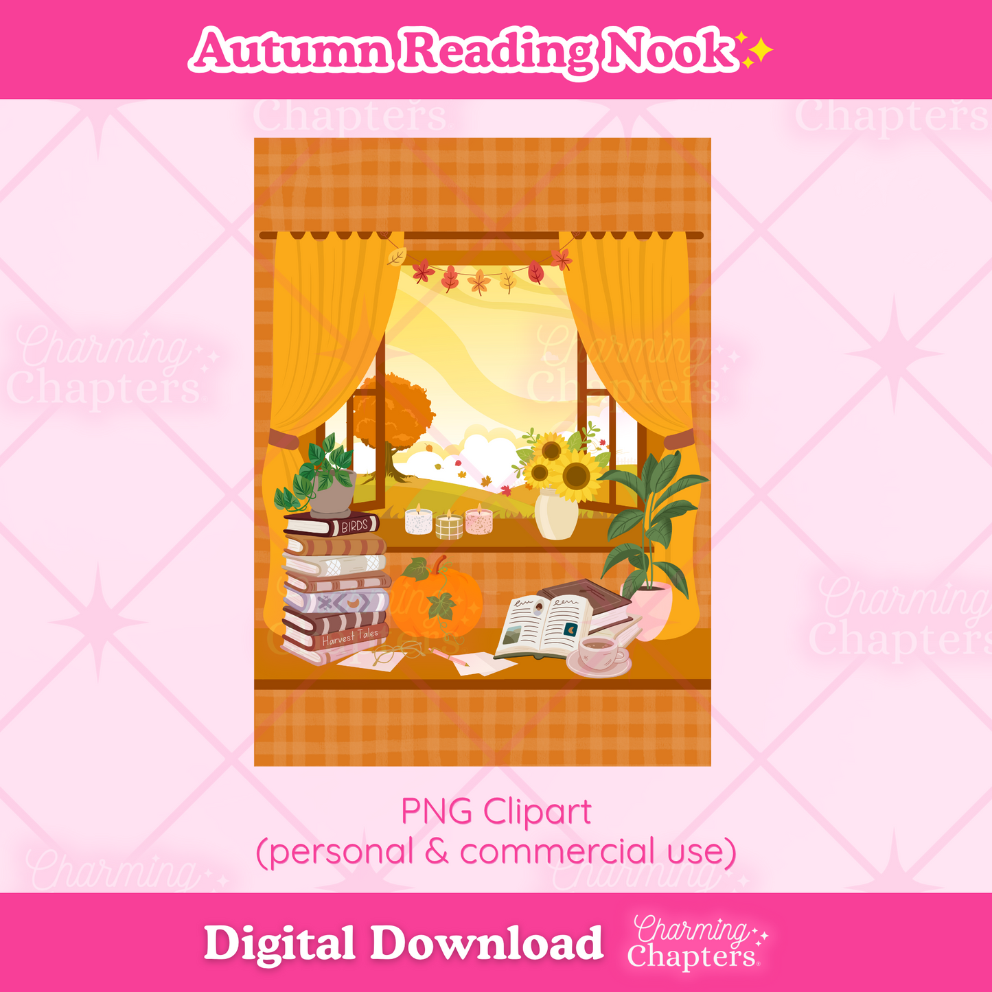 Digital clipart preview for an autumn-themed reading nook scene, showing a cozy window with orange curtains, books, a mug, plants, and fall foliage. The image includes the text 'Autumn Reading Nook' and 'Digital Download' on a pink background with branding for Charming Chapters.