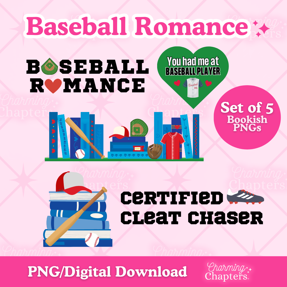 Digital product pack for 'Baseball Romance' with  baseball and book-themed illustrations with text on a pink background.