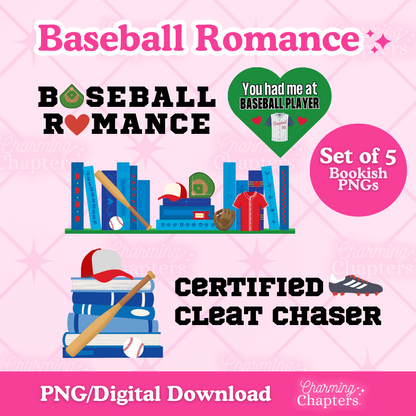 Digital product pack for 'Baseball Romance' with  baseball and book-themed illustrations with text on a pink background.