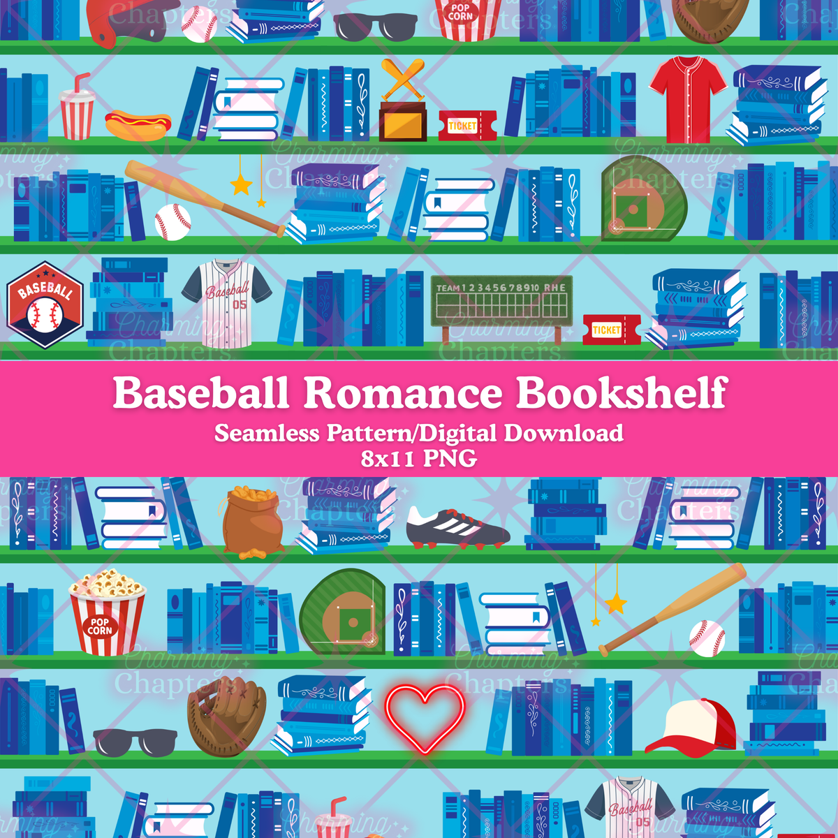 Baseball-themed seamless pattern featuring illustrated bookshelves with books, baseball caps, bats, gloves, scoreboards, popcorn, and sports jerseys on a light blue background. A pink banner across the center reads 'Baseball Romance Bookshelf' and 'Seamless Pattern/Digital Download 8x11 PNG'.