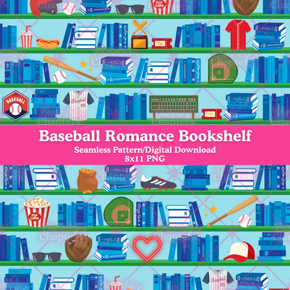 Baseball-themed seamless pattern featuring illustrated bookshelves with books, baseball caps, bats, gloves, scoreboards, popcorn, and sports jerseys on a light blue background. A pink banner across the center reads 'Baseball Romance Bookshelf' and 'Seamless Pattern/Digital Download 8x11 PNG'.
