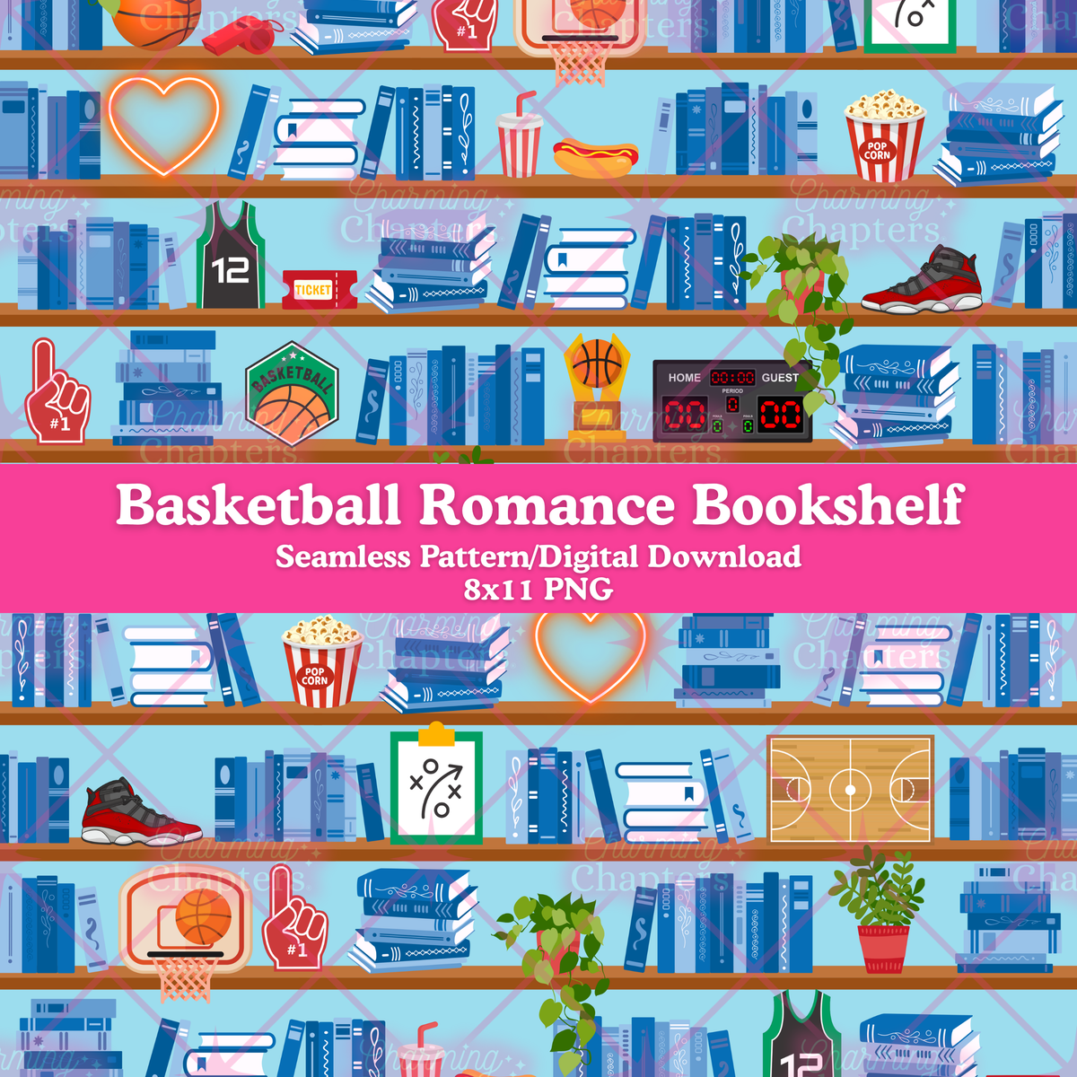 A digital graphic preview of a seamless pattern featuring basketball romance themed bookshelves. It includes icons like a hoop, jersey, basketball, popcorn, sneakers, and a scoreboard, with a pink banner reading 'Basketball Romance Bookshelf' and 'Seamless Pattern/Digital Download 8x11 PNG'.