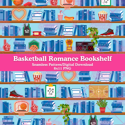 A digital graphic preview of a seamless pattern featuring basketball romance themed bookshelves. It includes icons like a hoop, jersey, basketball, popcorn, sneakers, and a scoreboard, with a pink banner reading 'Basketball Romance Bookshelf' and 'Seamless Pattern/Digital Download 8x11 PNG'.