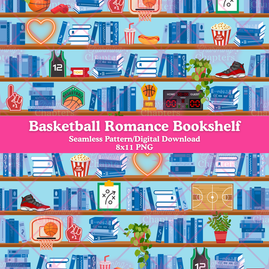 A digital graphic preview of a seamless pattern featuring basketball romance themed bookshelves. It includes icons like a hoop, jersey, basketball, popcorn, sneakers, and a scoreboard, with a pink banner reading 'Basketball Romance Bookshelf' and 'Seamless Pattern/Digital Download 8x11 PNG'.