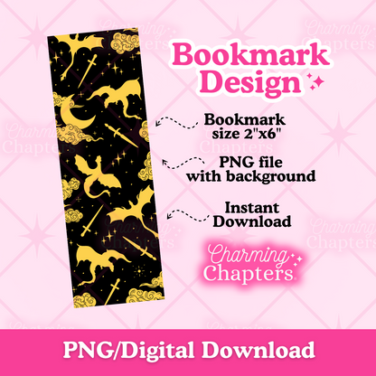 A digital preview of a vertical rectangular bookmark design featuring a black and gold dragon and fantasy theme. The text on the mockup reads Bookmark Design, Bookmark size 2"x6", PNG file with background, Instant Download, and branding for Charming Chapters.