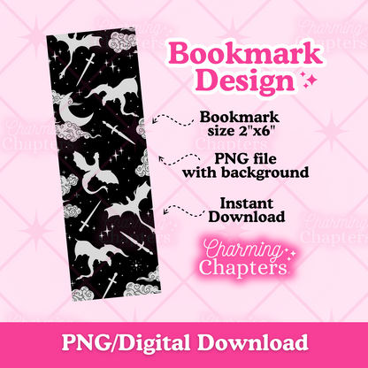 A digital preview of a vertical rectangular bookmark design featuring a black and silver dragon and fantasy theme. The text on the mockup reads Bookmark Design, Bookmark size 2"x6", PNG file with background, Instant Download, and branding for Charming Chapters.