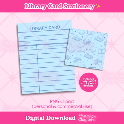 Digital download preview of library card stationery, showing a blue library card notepad and a small sticky note with book-themed illustrations, both are shown on top of a pink patterned background. Text indicates PNG clipart, digital download, and branding for Charming Chapters.