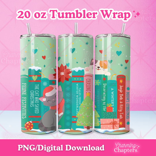 Three views of a 20 oz tumbler wrap of a Christmas cat bookshelf design shown on tumblers, with text reading '20 oz Tumbler Wrap' and 'PNG/Digital Download' on a pink background with branding for Charming Chapters.