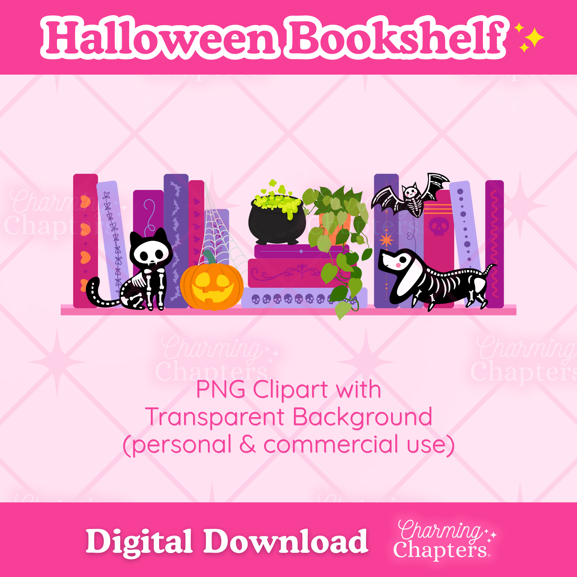 Digital clipart preview for a Halloween bookshelf design, featuring colorful book spines, a cauldron, pumpkins, bats, and skeleton cats on a pink background with text reading 'Halloween Bookshelf' and 'Digital Download'.