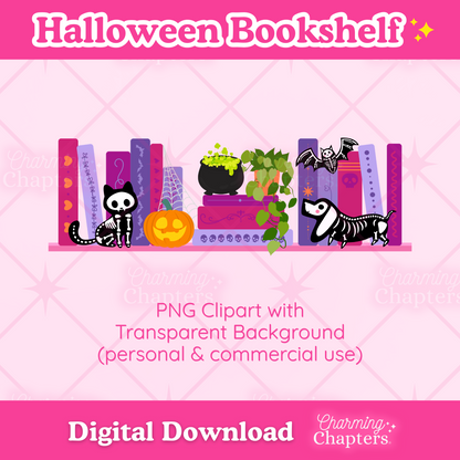 Digital clipart preview for a Halloween bookshelf design, featuring colorful book spines, a cauldron, pumpkins, bats, and skeleton cats on a pink background with text reading 'Halloween Bookshelf' and 'Digital Download'.