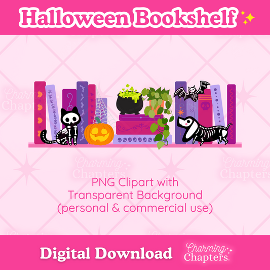 Digital clipart preview for a Halloween bookshelf design, featuring colorful book spines, a cauldron, pumpkins, bats, and skeleton cats on a pink background with text reading 'Halloween Bookshelf' and 'Digital Download'.