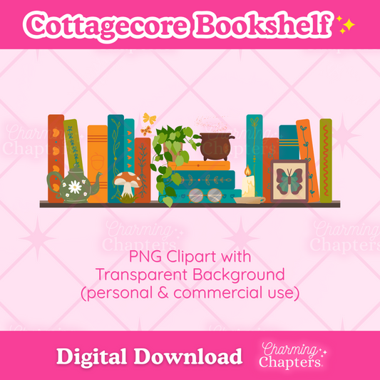 Digital graphic preview of a cottagecore bookshelf PNG clipart by Charming Chapters, featuring a colorful flat illustration of books, a potted plant, and a teapot on a pink background with text indicating it is a digital download.