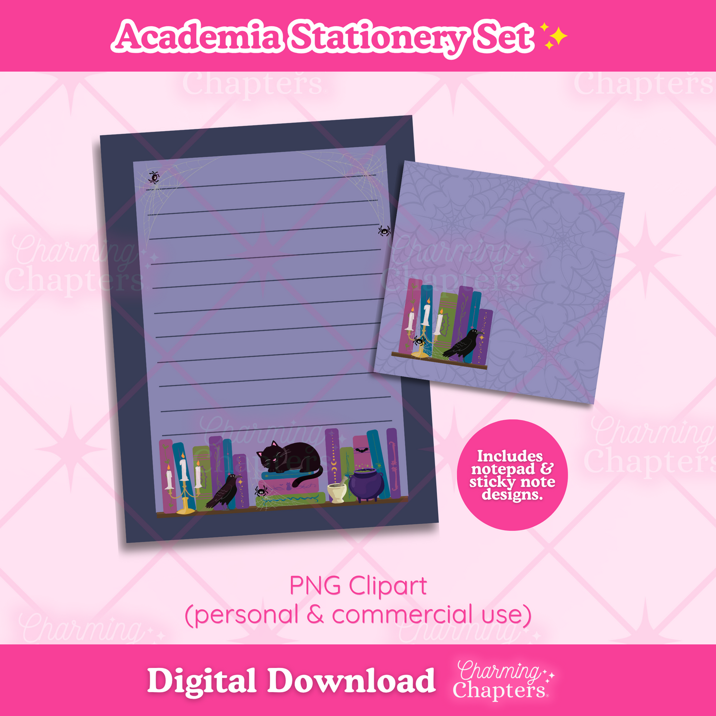 Preview of a digital download for a dark academia stationery set, featuring a cute gothic-themed notepad and matching sticky note, on a pink background with branding text for Charming Chapters.