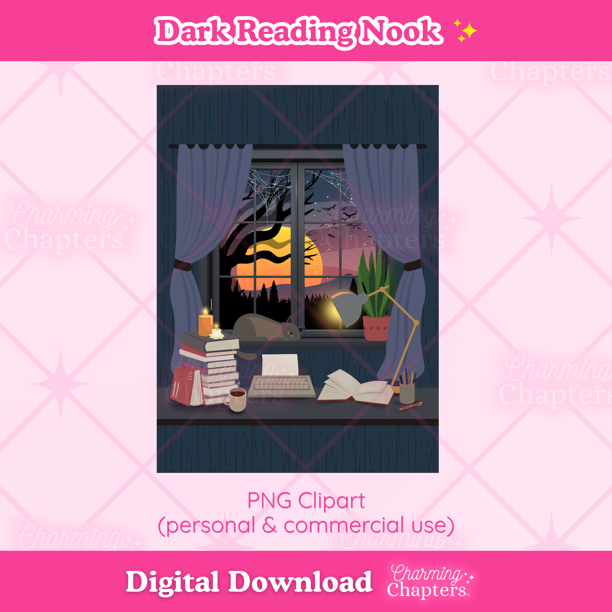 Digital clipart preview for a dark academia night-study scene, showing a window with dark curtains, bookstack, an open book, a lamp, and an eerie sunset view outside. The image is branded as Dark Reading Nook and includes text noting it is a digital download and PNG clipart for personal and commercial use created by Charming Chapters.