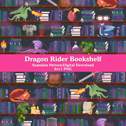 A digital preview of a seamless pattern design titled 'Dragon Rider Bookshelf'. The pattern features fantasy dragons sleeping on bookshelves surrounded by books, candles, and plants, with a central pink banner reading 'Dragon Rider Bookshelf Seamless Pattern/Digital Download 8x11 PNG' and branding for Charming Chapters.