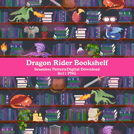 A digital preview of a seamless pattern design titled 'Dragon Rider Bookshelf'. The pattern features fantasy dragons sleeping on bookshelves surrounded by books, candles, and plants, with a central pink banner reading 'Dragon Rider Bookshelf Seamless Pattern/Digital Download 8x11 PNG' and branding for Charming Chapters.