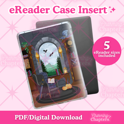 eReader case insert with a dragon rider reading nook design on a pink grid background.
