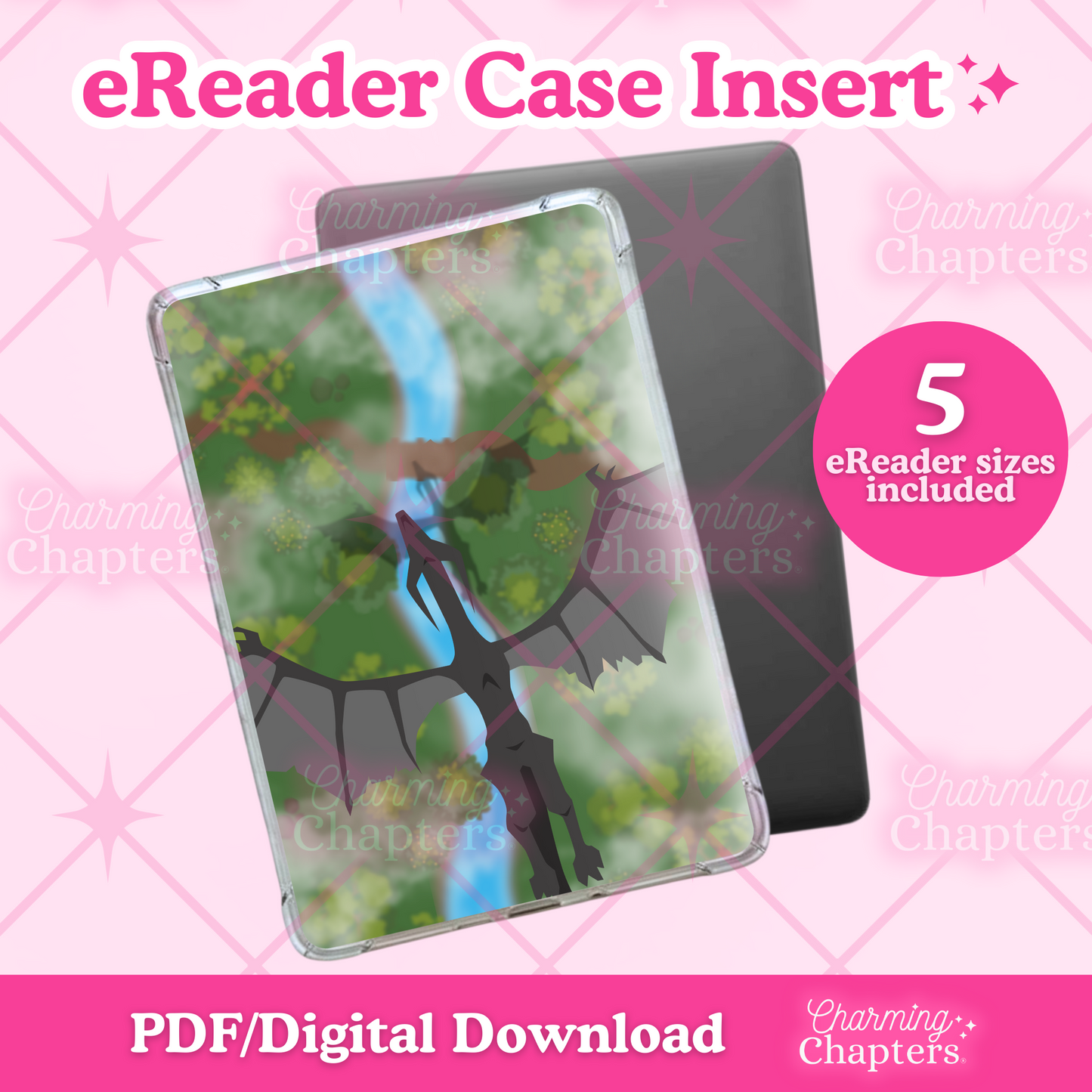 eReader case insert with a flying dragon design on a pink background