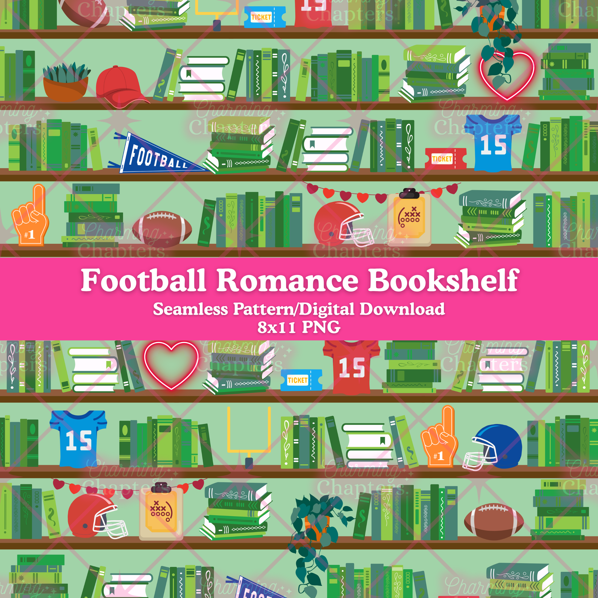 A digital graphic preview of a seamless pattern featuring football romance themed bookshelves filled with books, football helmets, jerseys, a football, a foam finger, and heart decorations, with a large pink banner reading 'Football Romance Bookshelf' and 'Seamless Pattern/Digital Download 8x11 PNG'.