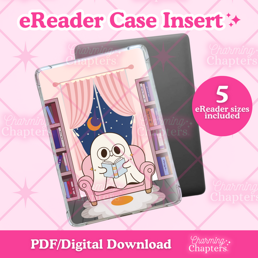 Promotional graphic for an eReader case insert featuring a design with a ghost reading in a pink library. It is shown on a pink background with text reading 'eReader Case Insert,' '5 eReader sizes included,' and 'PDF/Digital Download' by Charming Chapters.
