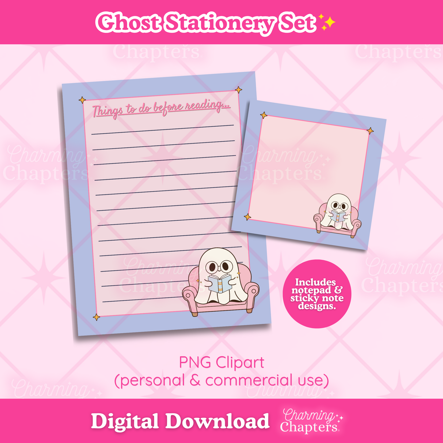 Digital preview of a ghost-themed stationery set with a lined notepad and a sticky note pad on a pink background. The designs feature cute cartoon ghosts reading in pink armchairs, with text indicating it is a digital download from Charming Chapters.