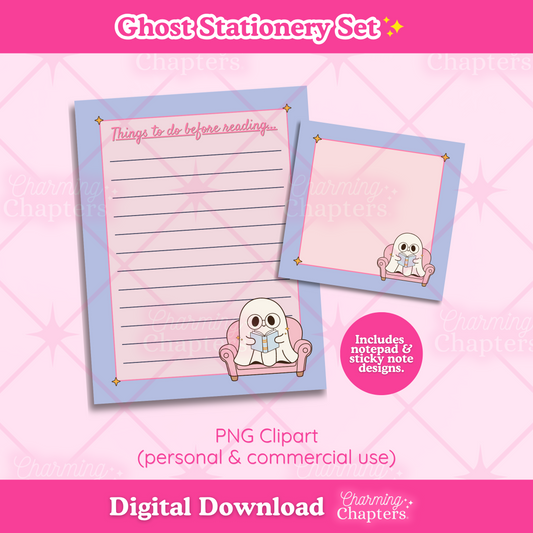 Digital preview of a ghost-themed stationery set with a lined notepad and a sticky note pad on a pink background. The designs feature cute cartoon ghosts reading in pink armchairs, with text indicating it is a digital download from Charming Chapters.