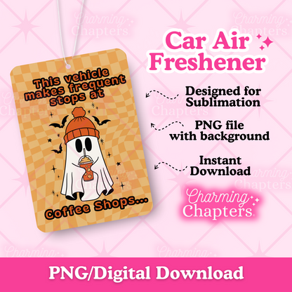 Digital preview for a 'Car Air Freshener' sublimation design, featuring a cartoon ghost in a orange beanie holding an iced coffee and surrounded by black bats on a checkered orange background, with text that says "This vehicle makes frequent stops and coffee shops...". The air freshener design is shown in front of a pink background with promotional text.