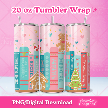 Three views of a 20 oz tumbler wrap of a gingerbread bookshelf design, with text reading '20 oz Tumbler Wrap' and 'PNG/Digital Download' on a pink background with branding for Charming Chapters.