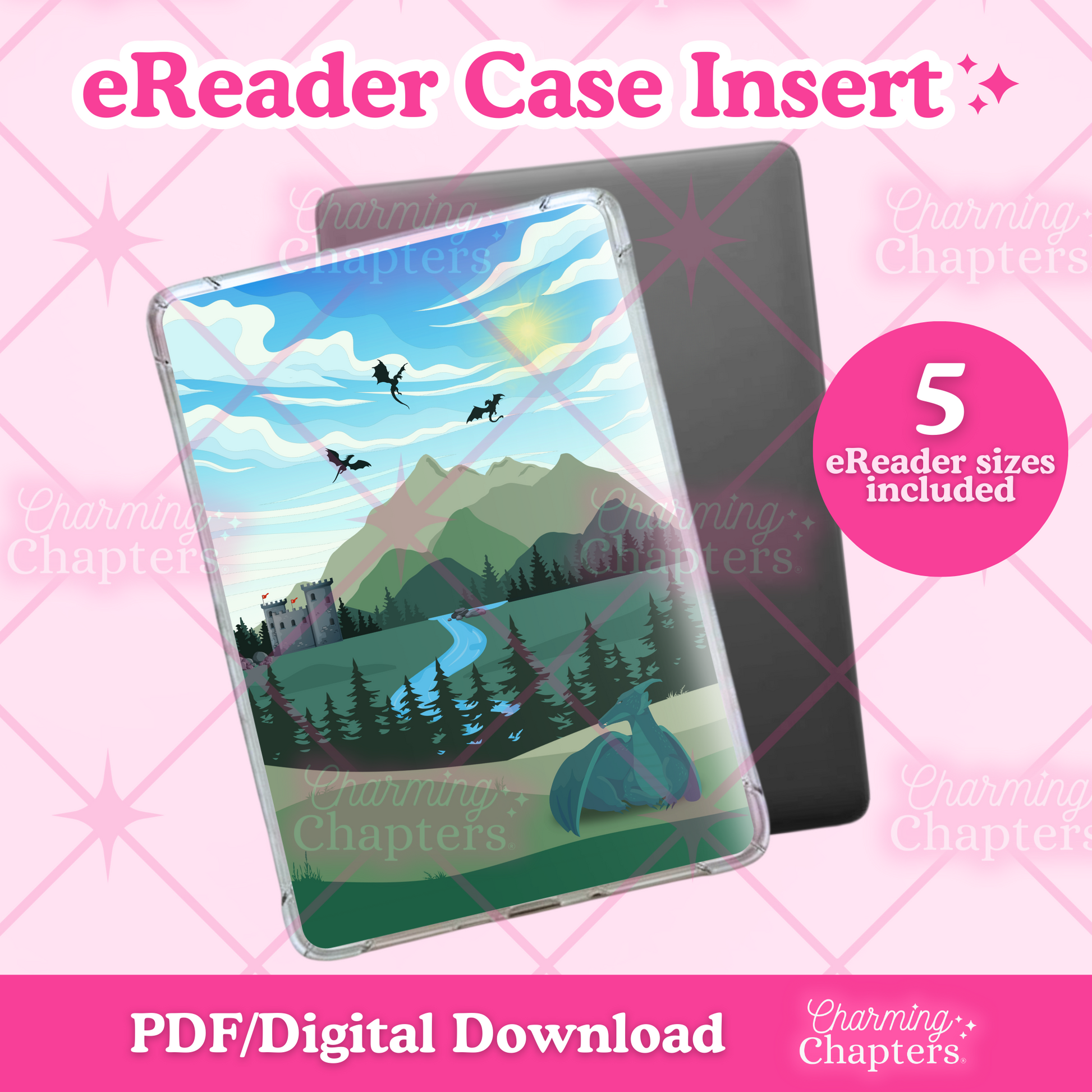 eReader case insert with a fantasy dragon design on a pink grid background