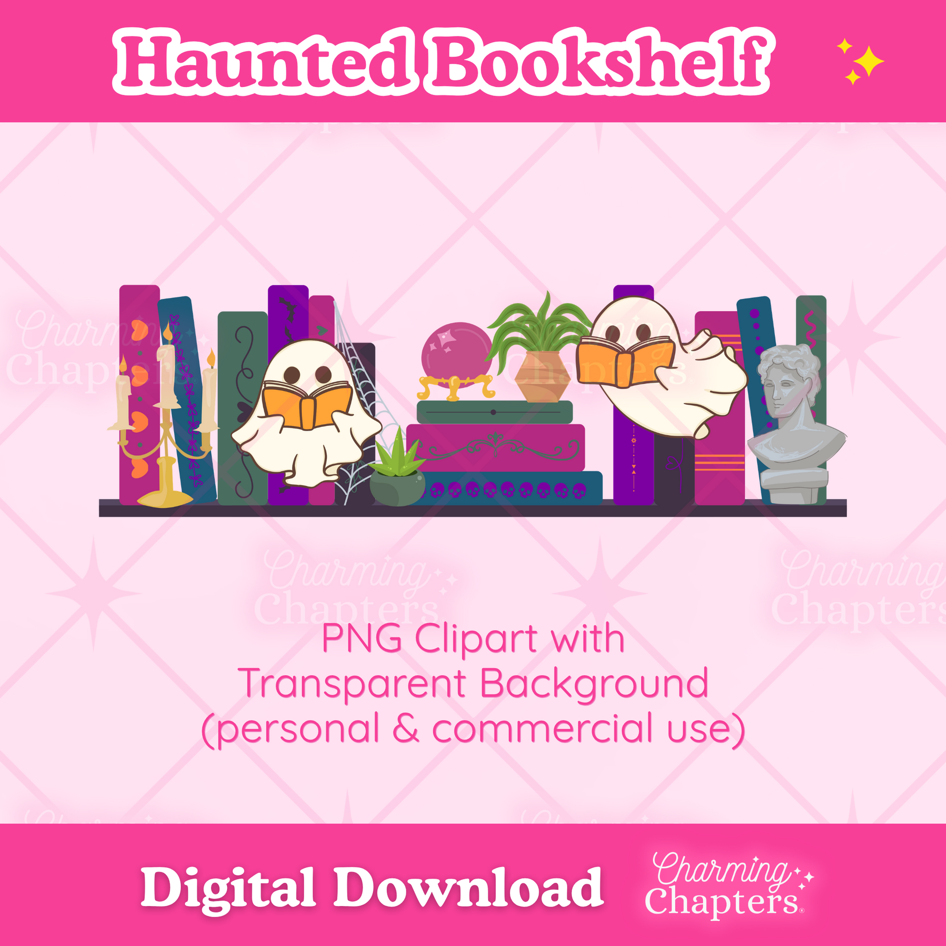 Digital clipart preview for a Halloween bookshelf design, featuring colorful book spines, a candelabra, and ghosts reading, on a pink background with text reading 'Haunted Bookshelf' and 'Digital Download'.