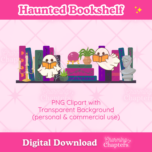 Digital clipart preview for a Halloween bookshelf design, featuring colorful book spines, a candelabra, and ghosts reading, on a pink background with text reading 'Haunted Bookshelf' and 'Digital Download'.