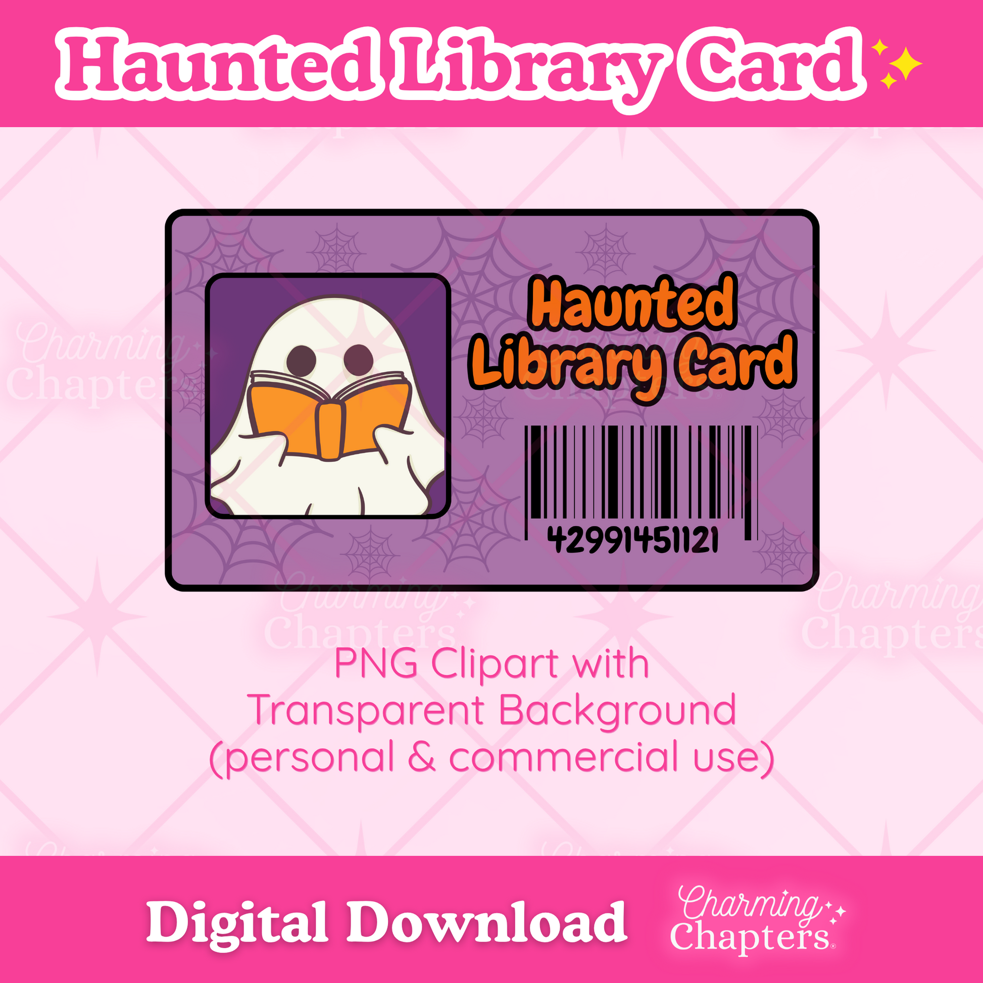 Digital clipart preview of a haunted library card on a pink background. The card is purple with a ghost holding an orange book, a barcode, and the text 'Haunted Library Card.