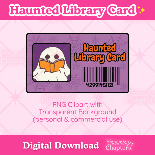 Digital clipart preview of a haunted library card on a pink background. The card is purple with a ghost holding an orange book, a barcode, and the text 'Haunted Library Card.